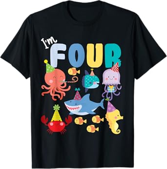 Cute Sea Animals Ocean Creatures Party 4th Birthday I'm Four T-Shirt