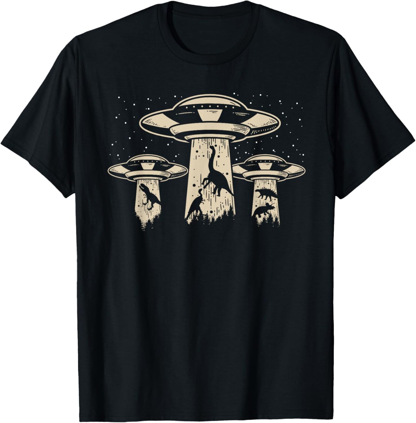 Wowsome! Alien UFO Abduction Dinosaur T-Shirt - Unisex-Adults/Kids - Black - Short Sleeve - Classic Fit - Cotton/Polyester - Machine Wash - Small
