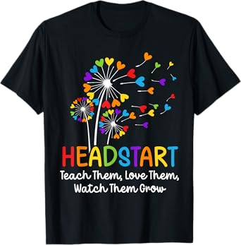 Teach Them Love Them Head start Dandelion Flower Early Childhood Educator T-Shirt - Unisex-Adults, Black, Small, Short Sleeve, Modern, Birthday-Themed, Cotton Blend, Machine Wash