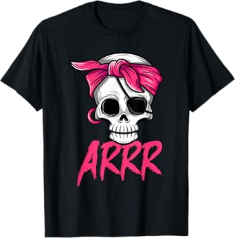 Pirate Dead With Eye Patch Pink Bandana Halloween Costume T-Shirt
