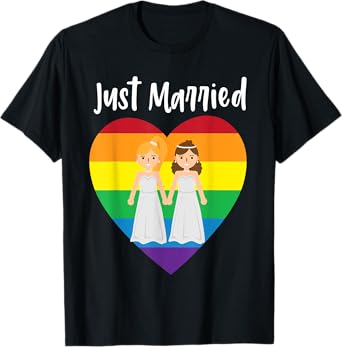 Just Married Double Bride Lesbian Pride Rainbow Color Print T-Shirt