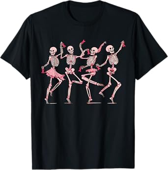 Dancing Skeletons Pink Ribbon Breast Cancer Halloween T-Shirt
