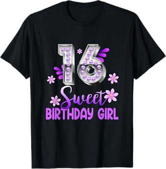 Cute Purple Black Sweet 16 Style Girl 16th Birthday Sixteen T-Shirt