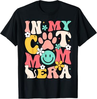 Retro In My Cat Mom Era Smile Face Cat Paw Mothers Day Women T-Shirt