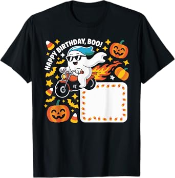 Funny Ghost Biker Halloween Design With Flames And Pumpkins T-Shirt