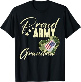 Proud Army GRANDMA Camouflage Dog Tag USA American Flag T-Shirt, Small, Black
