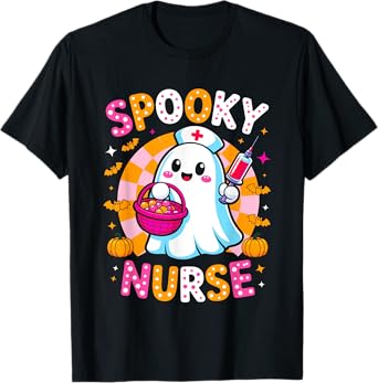 Spooky Ghost Nurse Cute Halloween Pumpkin Candy Costume T-Shirt