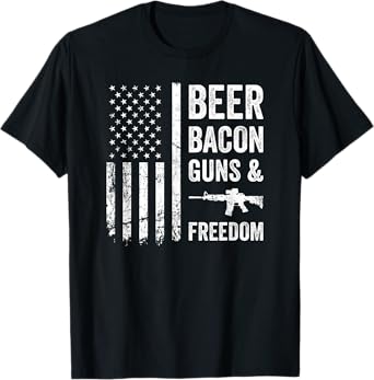 BEER BACON GUNS & FREEDOM - USA BBQ American Flag Drinking T-Shirt