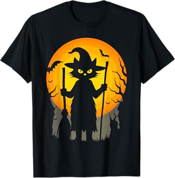Spooky Witch Cat Halloween Full Moon Night Broom Art T-Shirt