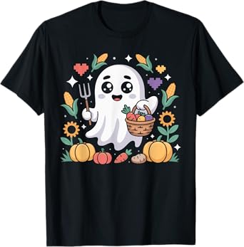 Ghost Farmer Harvesting Veggies Pumpkins Men Halloween Fun T-Shirt