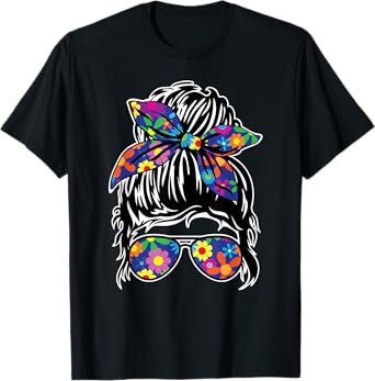Messy Hair Bun with Bandana Ribbon and Sunglasses Design T-Shirt
