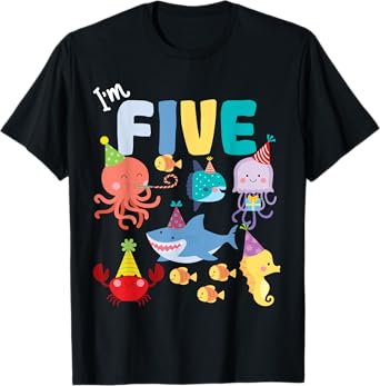 Cute Sea Animals Ocean Creatures Party 5th Birthday I'm Five T-Shirt