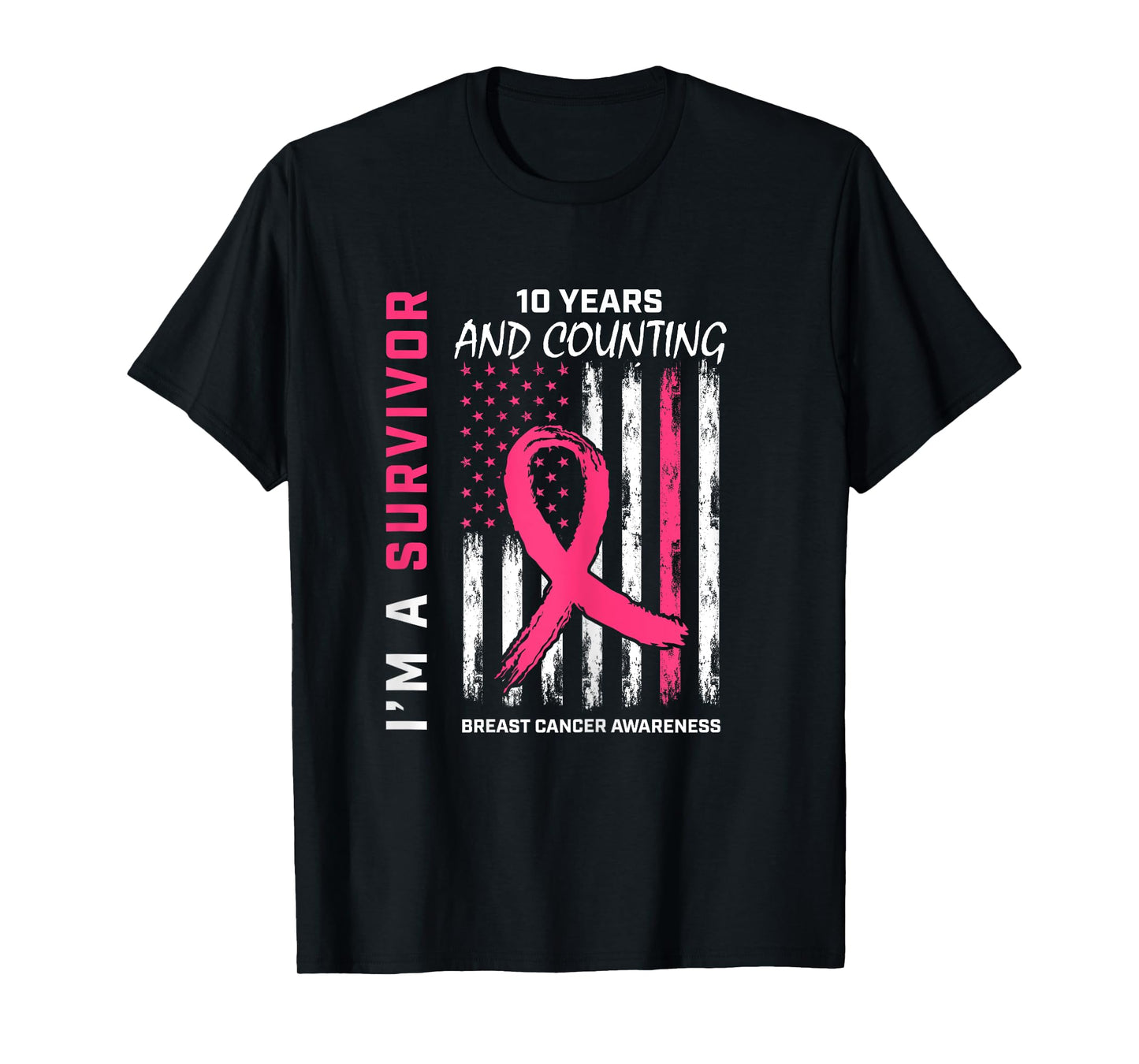 10 Year Survivor Gifts Pink Breast Cancer Free American Flag T-Shirt for Women