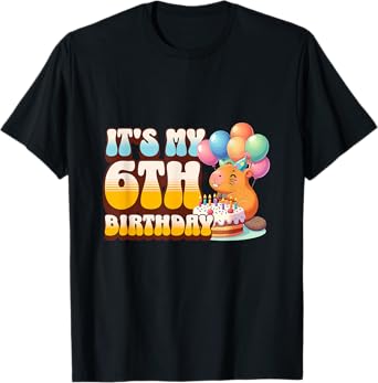 It's My 6th Birthday Capybara 6 Years Old Kids Capy Bday T-Shirt
