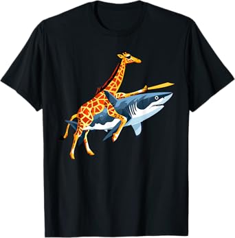 Retro Giraffe Riding Shark Funny Animal Lover Graphic T-Shirt