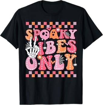 Spooky Vibes Only Halloween Skeleton Peace Checkered Groovy T-Shirt
