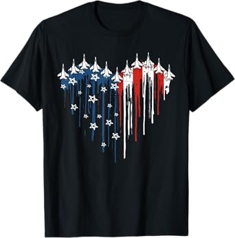 Fighter Jet Airplane American Flag Heart 4th Of July Retro T-Shirt for Women Men