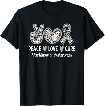 Peace Love Cure Gray Ribbon Leopard Parkinson's Awareness T-Shirt