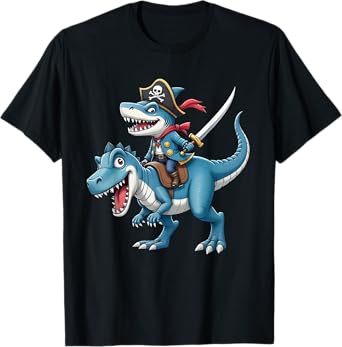 Shark Pirate Riding Dinosaur T Rex Kids Boys Men T-Shirt