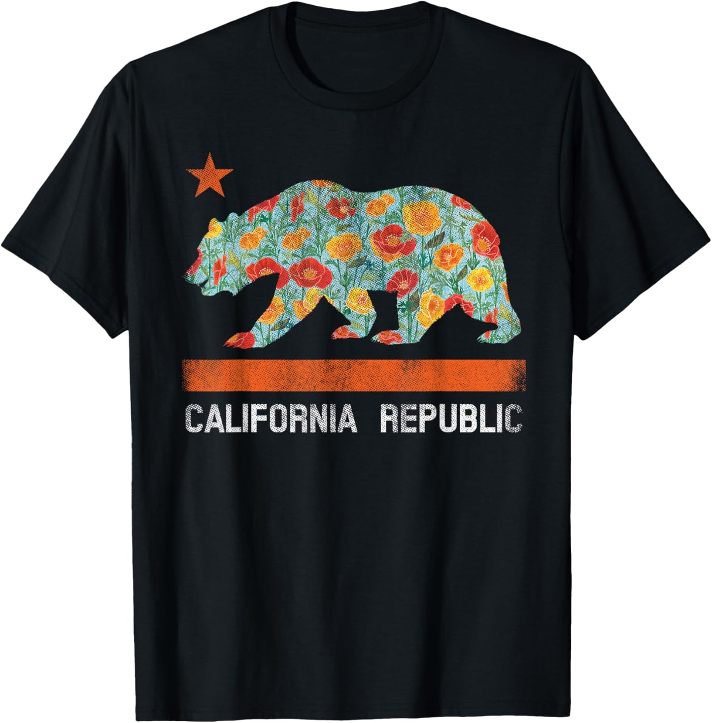 California Republic State Bear Star Poppy Flower LA Cali Tee T-Shirt