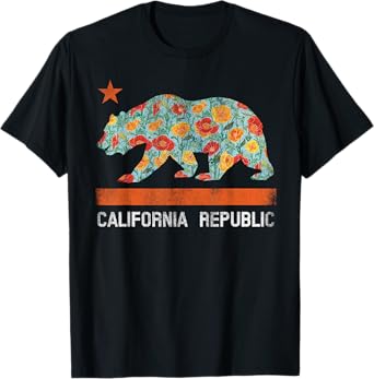California Republic State Bear Star Poppy Flower LA Cali Tee T-Shirt