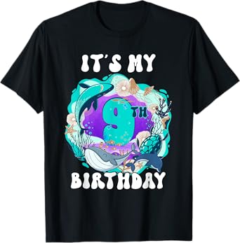 My 9 Year Old Ocean Life Whale Dolphin Shark 9th Birthday T-Shirt