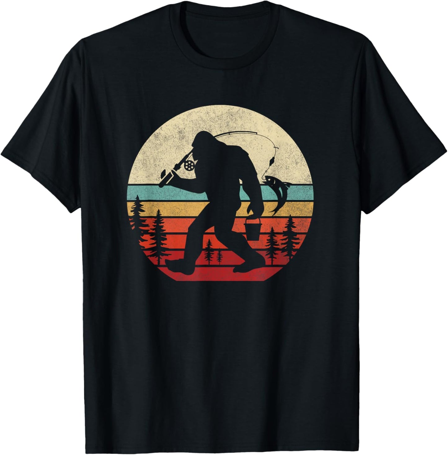 Bigfoot Fishing Funny Retro Sasquatch Dad Men Kids T-Shirt