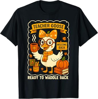 HUGvyn Back To School: Goose Teacher Fall Coquette Pumpkin T-Shirt
