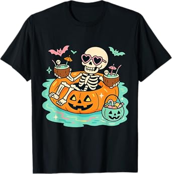 Summer Skeleton in Pumpkin Float Cute Spooky Pool Halloween T-Shirt