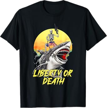 Skeleton Liberty or Death Shark Halloween American Flag T-Shirt for Women Men