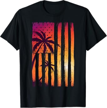 Summer Sunset Palm Trees American Flag Cool Spring Beach T-Shirt for Women Girls Kids Men