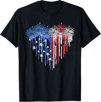 Firework Dripping Heart American Flag 4th Of July Patriotic T-Shirt