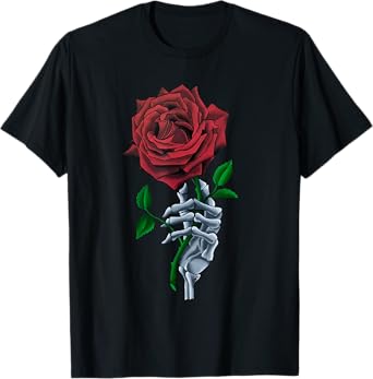 Skeleton Hand Holding Stem Flower Graphic Design Red Rose T-Shirt