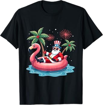 Santa Flamingo Pool Float Summer Christmas 4th of July Xmas T-Shirt