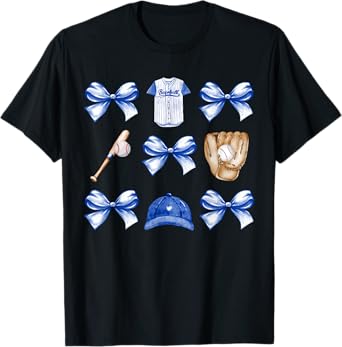Baseball Game Day Blue Coquette Bow Baseball Mom Retro T-Shirt