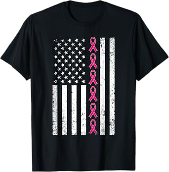 Breast Cancer Shirt Women Men USA Flag Pink Ribbon T-Shirt