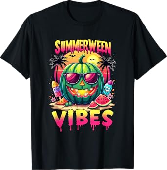 Skeleton Summer Summerween Vibes Watermelon Jack-O-Lantern T-Shirt