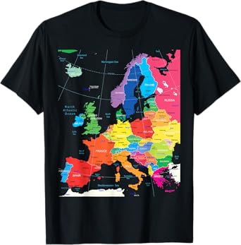 Map of Europe with Border, Countries, Capitals, Large Cities T-Shirt