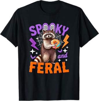 Spooky And Feral Halloween Raccoon Eating Donut Lover Kids T-Shirt