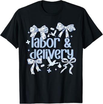 Labor and Delivery Nurse Blue Toile Coquette Bow Stork Squad T-Shirt