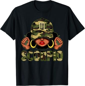 Scorpio Queen Black Woman With Cap Camo Afro Girl Zodiac T-Shirt