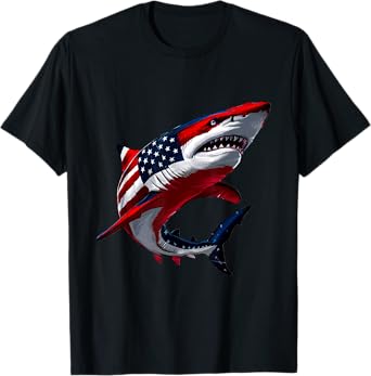 Shark USA Flag Patriotic 4th of July Men Boys Girls Kids T-Shirt