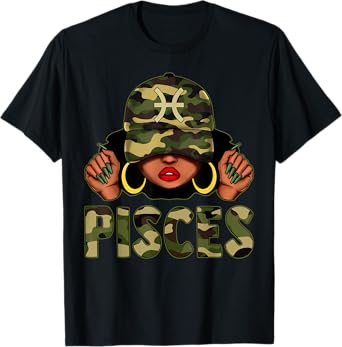 Pisces Queen Black Women Cap Hat Camo Afro Girl Zodiac T-Shirt