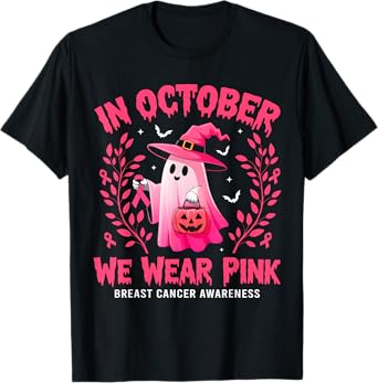Retro Halloween Ghost Breast Cancer In October We Wear Pink T-Shirt