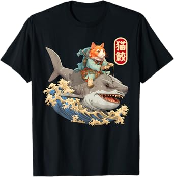 Japanese Samurai Cat Shark Ninja Cat Tattoo Kitten Warrior T-Shirt