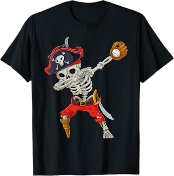 Dabbing Skeleton Pirate Baseball Funny Halloween Sports Kids T-Shirt