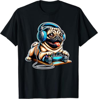 Pugs Dogs Playing Gamer | Funny Pug Dog Breed Cute Puppies T-Shirt for Men Women Girls Kids