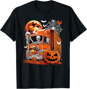 Skeleton Drinking Beer On Truck Halloween Pumpkins T-Shirt