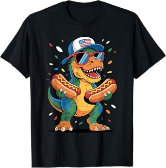 T Rex Dinosaur With Hotdogs USA Flag Sunglasses 4th of July T-Shirt