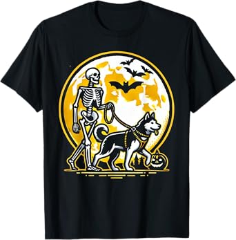 funny Siberian Husky Skeleton Dog Walking Halloween Costume T-Shirt